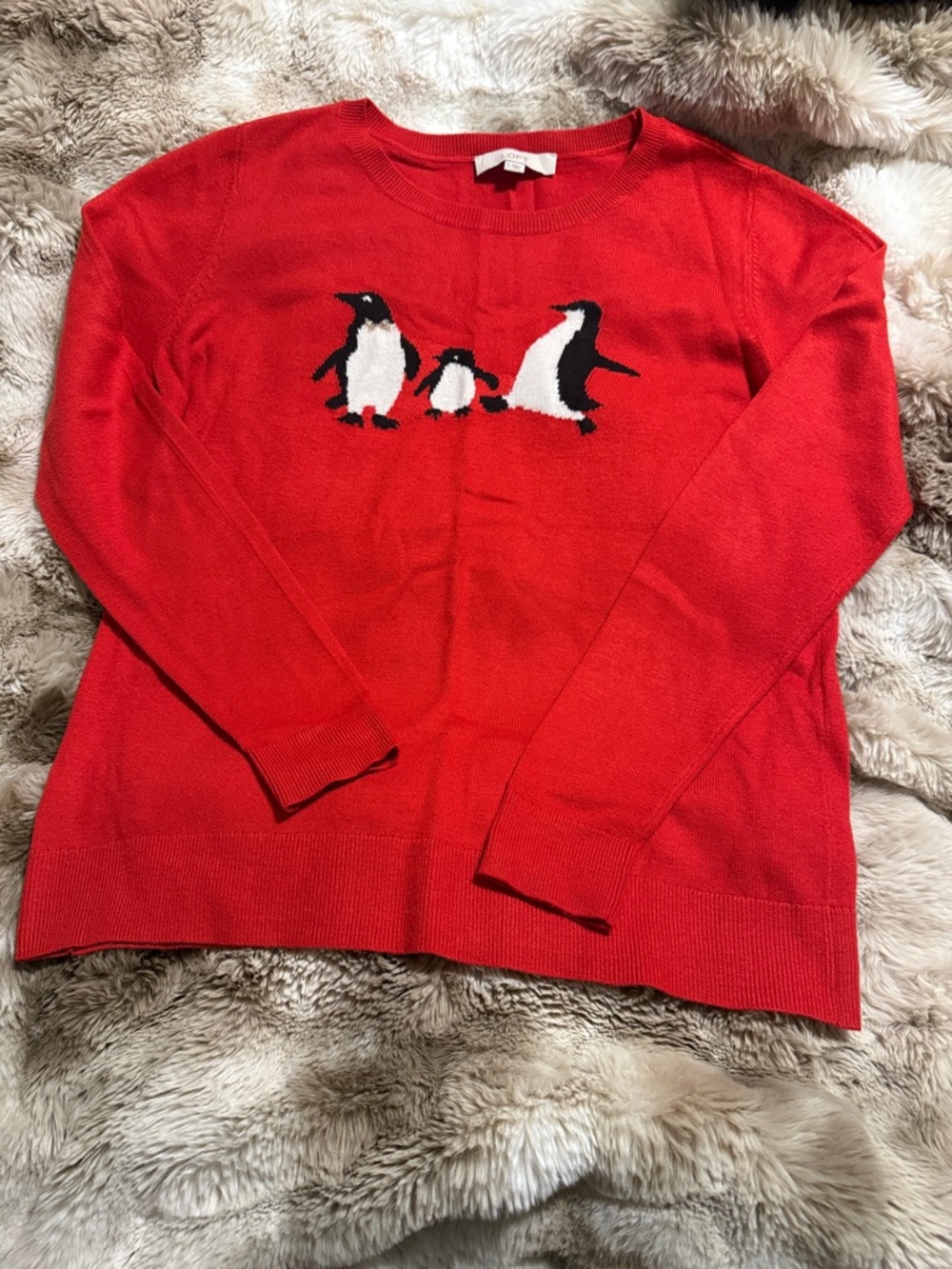 LOFT - Red Crewneck Sweater with Penguin Intarsia - Large